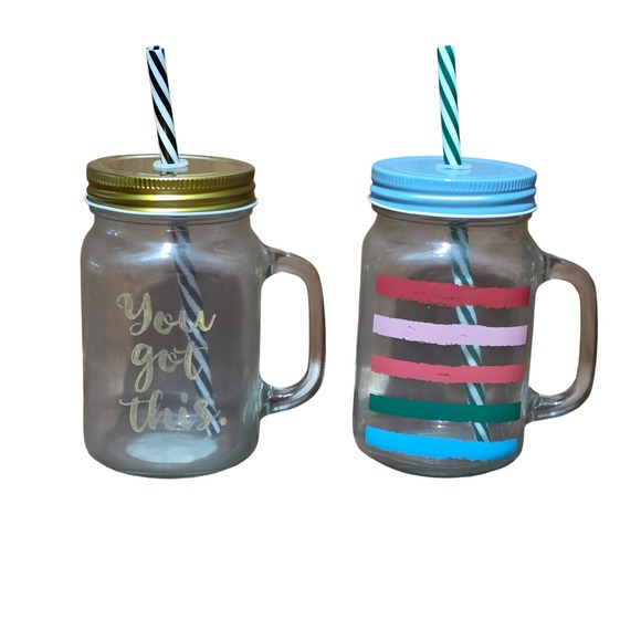 Orly Other - Orly Glass Mason Jar Mug Set of 2 with Straws 20oz You Got This Striped Multi